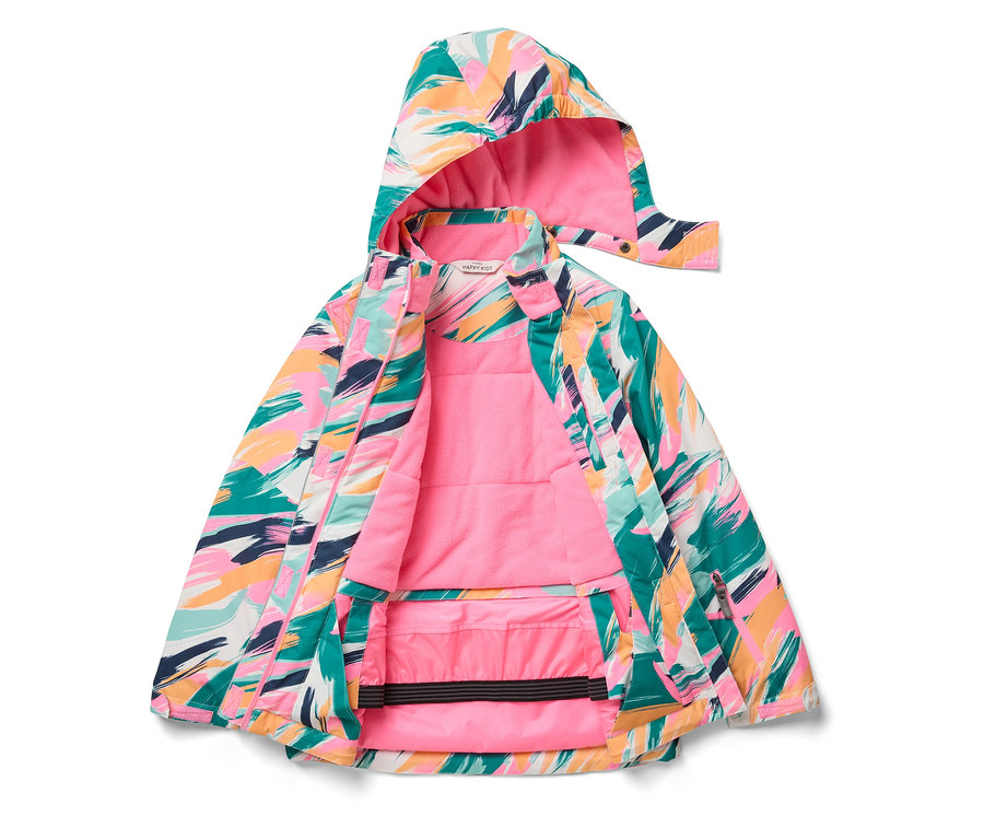 Nyitott, kapucnis kabát absztrakt színes nyomattal és rózsaszín béléssel.