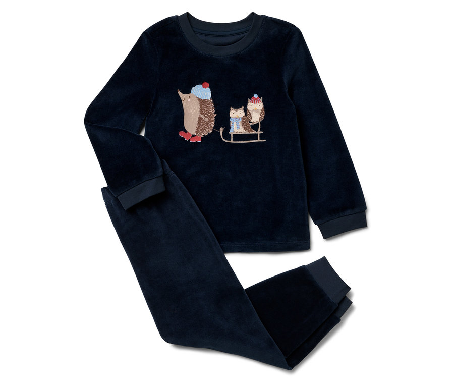 Kék bársony pizsama, sünnel, aki egy bagollyal húz egy szánt.