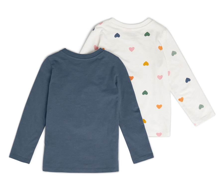 Két hosszú ujjú gyerek póló, egy kék és egy fehér, szív mintával.