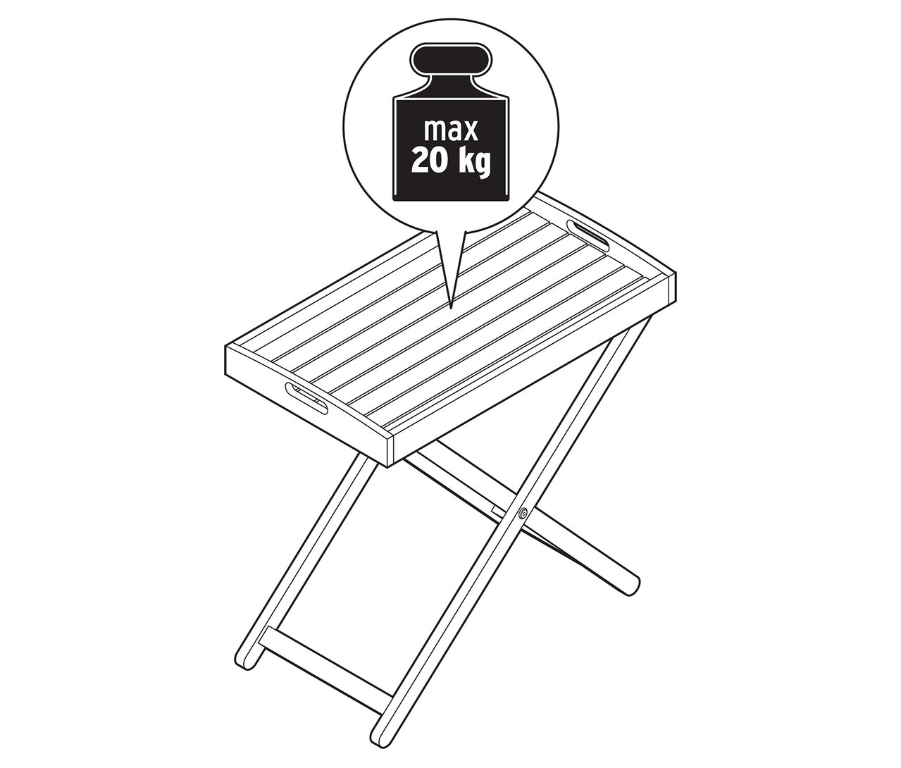 Fekete-fehér illusztráció egy összecsukható asztalról, melynek maximális terhelhetősége 20 kg.