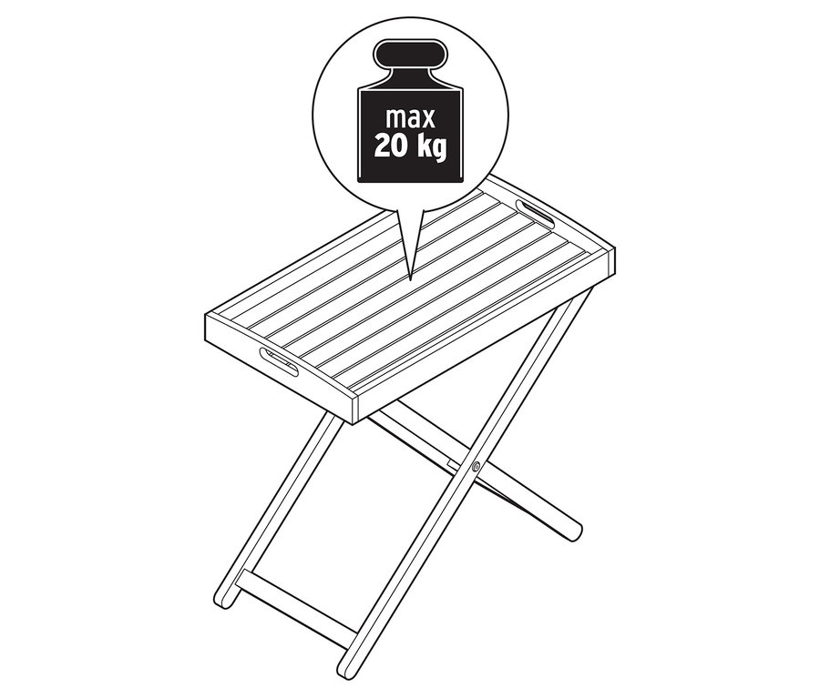 Fekete-fehér illusztráció egy összecsukható asztalról, melynek maximális terhelhetősége 20 kg.