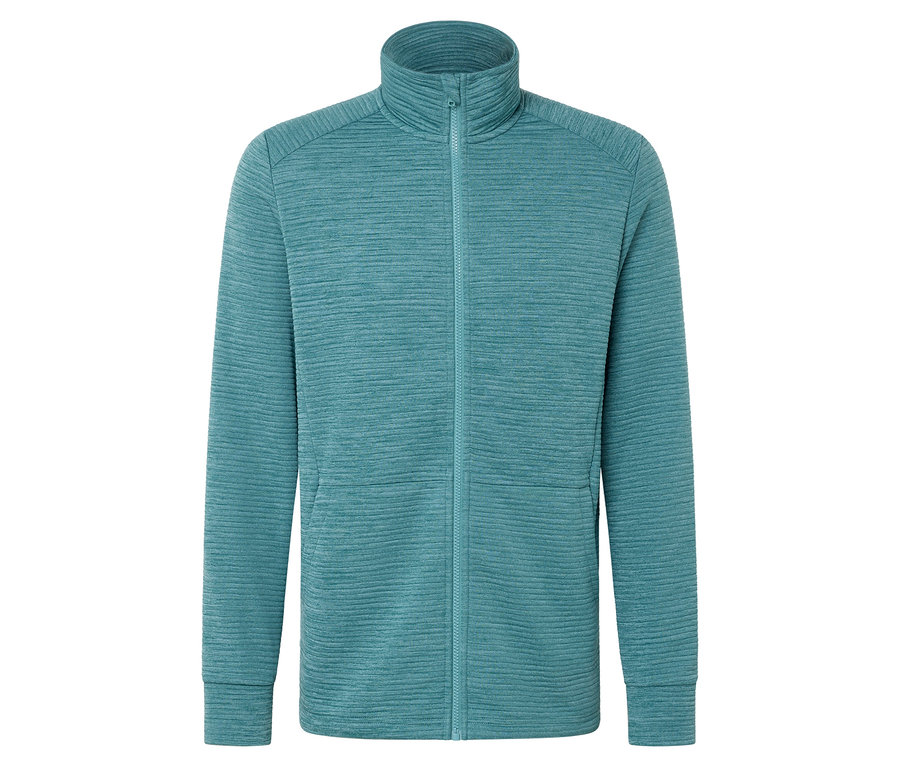 Egy akvamarin színű, cipzáras, állógalléros polár pulóver.