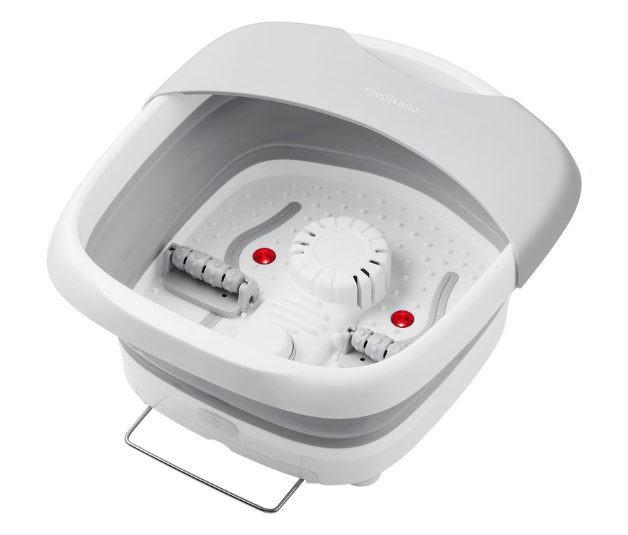 Szürke-fehér Medisana lábfürdő tekercsekkel.