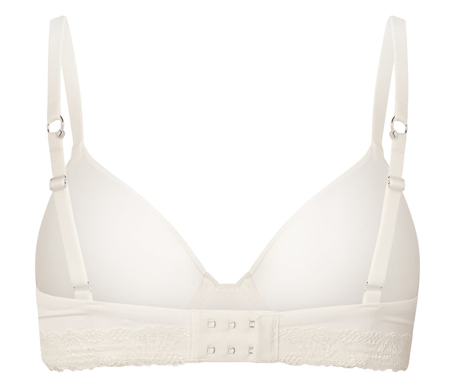 A melltartó hátsó nézete kapcsos zárással és állítható pántokkal.