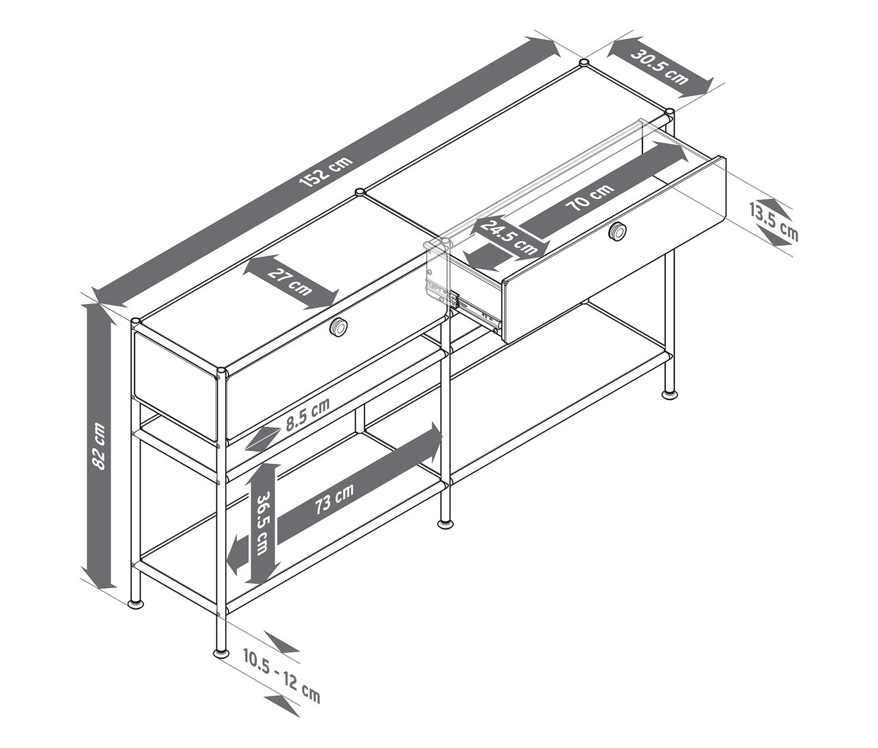 Felülnézet egy »CN3 Slim Line« fém konzolasztalról két fiókkal, melyből az egyik nyitva van. Méretek feltüntetve.