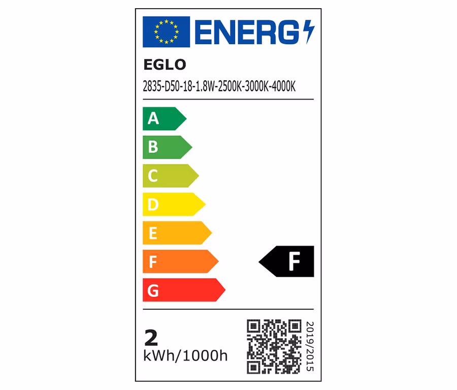 Az Eglo »Mannera« LED-es, akkumulátoros asztali lámpa energiacímkéje, F energiaosztállyal és 2 kWh/1000h fogyasztással.