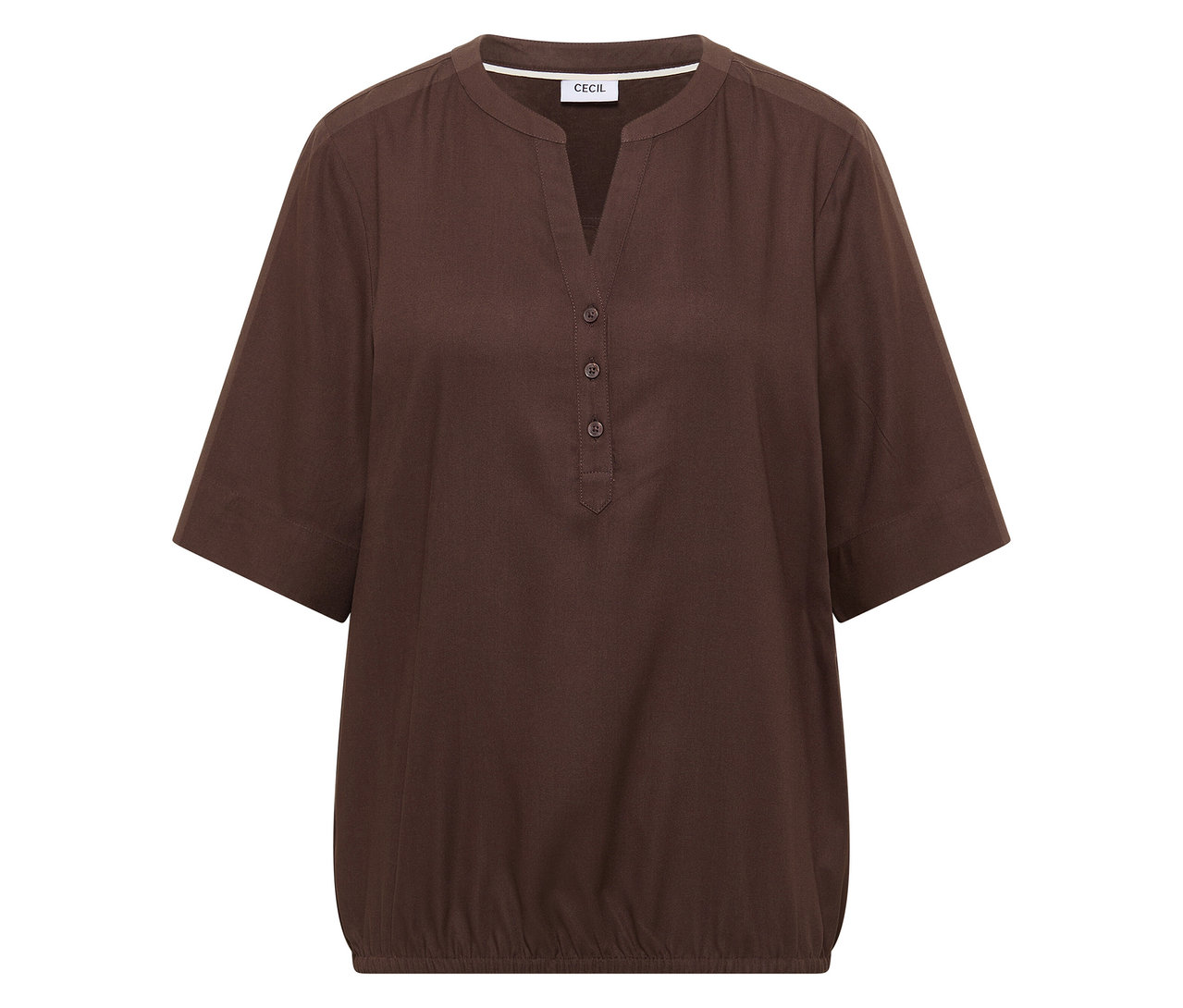 Barna CECIL tunikablúz V-nyakkivágással és rövid ujjakkal.