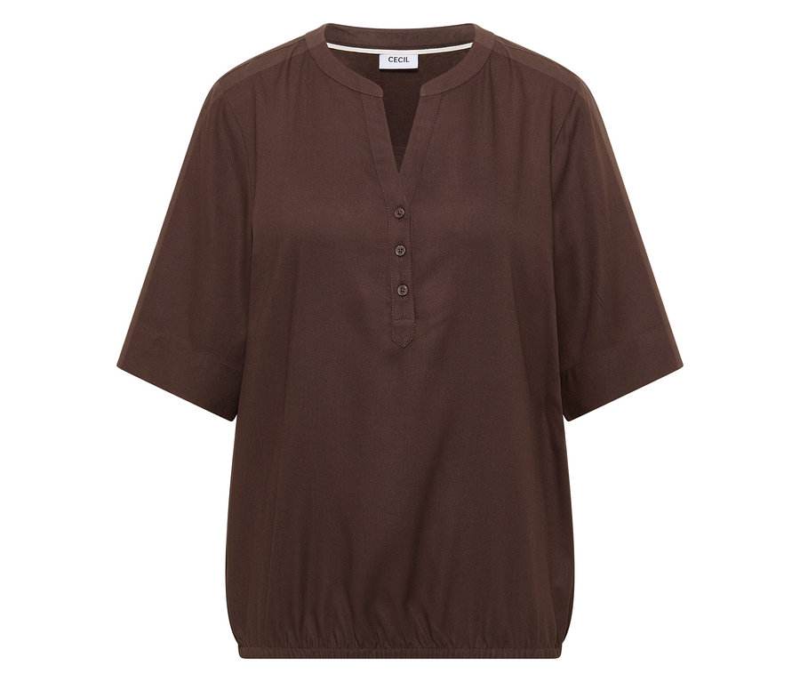 Barna CECIL tunikablúz V-nyakkivágással és rövid ujjakkal.