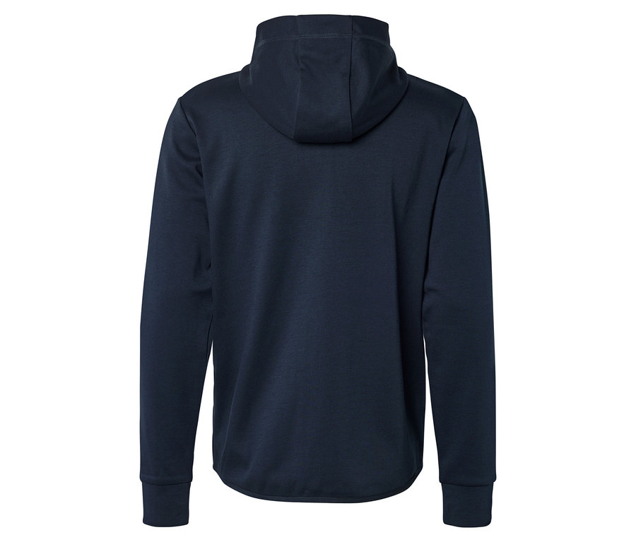 Hátulnézet egy tengerészkék, hosszú ujjú kapucnis pulóverről fehér háttér előtt.