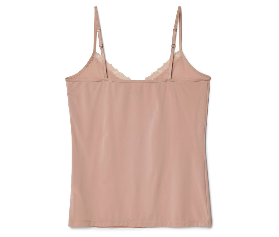 Egy testszínű trikó hátulnézete csipkével a nyakkivágásnál és állítható pántokkal.