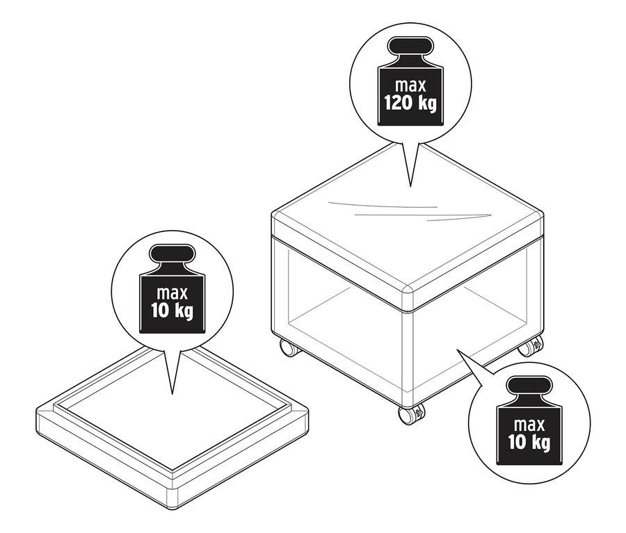 Vázlat egy görgős puffról tálcával, ahol a puffon lévő maximális súly 120 kg, a tálcán pedig 10 kg.
