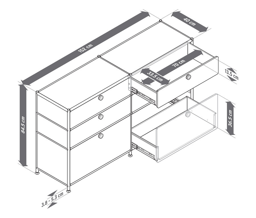 Három »CN3« fém komód 6 fiókkal, egy fehér, egy szürke és egy fekete, méretekkel.