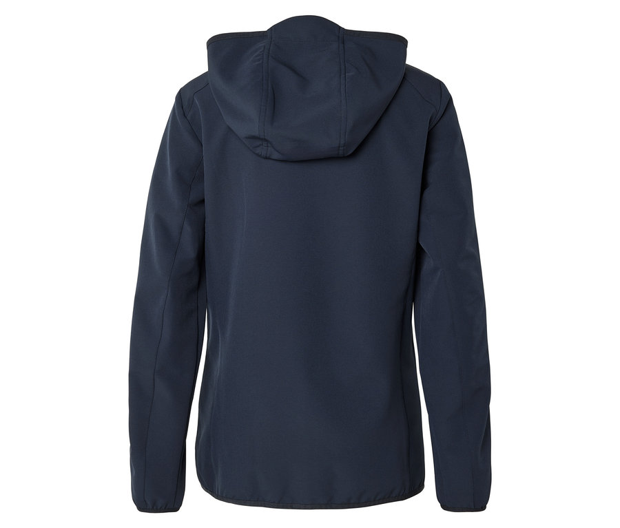 Hátulnézet egy sötétkék softshell kabátról kapucnival.