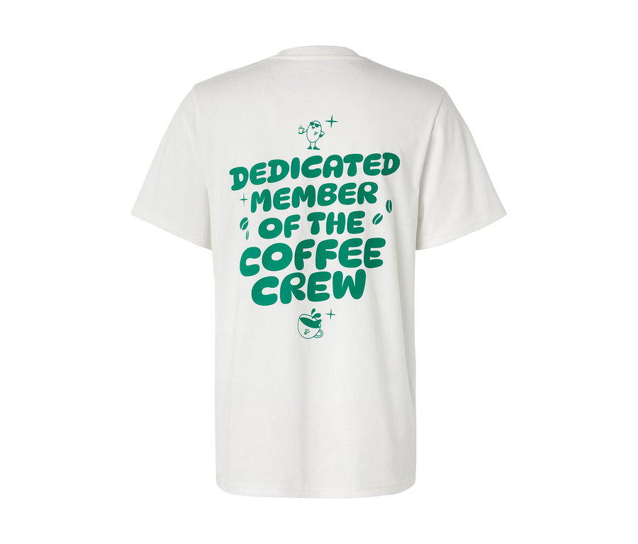 Hátulnézet egy fehér Unisex Coffee Crew pólóról zöld nyomtatással.