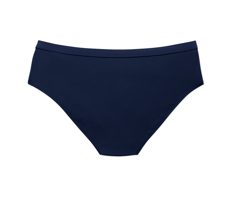 Sötétkék női sport bikinialsó fehér háttérrel.