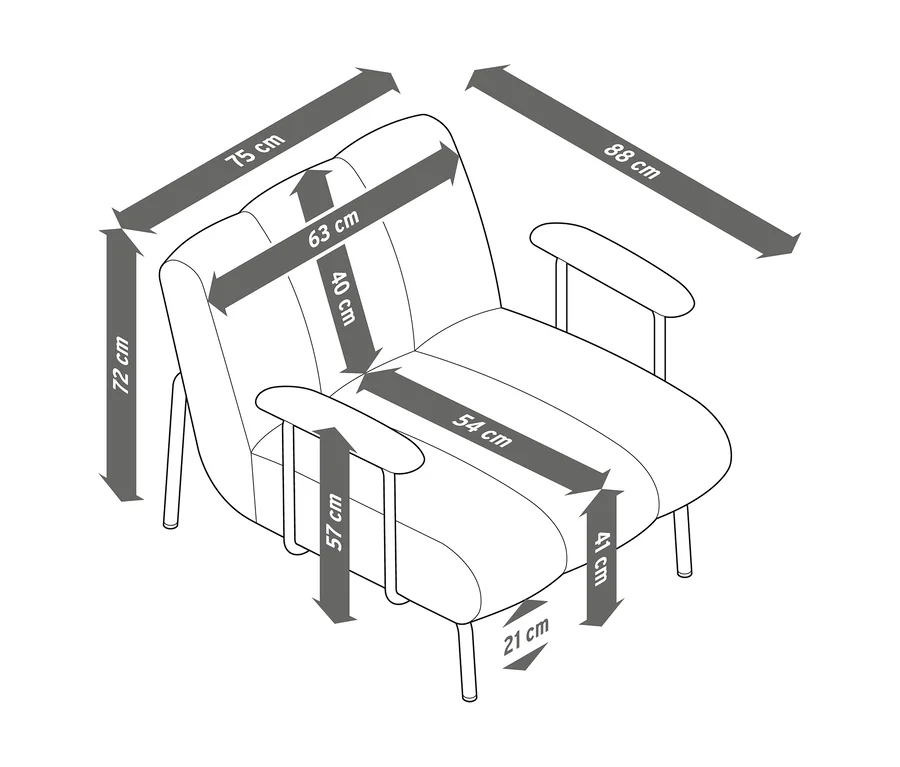 Kartámlás fotel méretei: 75 cm sz, 88 cm m, 72 cm ma. Ülőfelület: 63 cm sz, 54 cm m, 41 cm ma. Karfa magassága 57 cm.