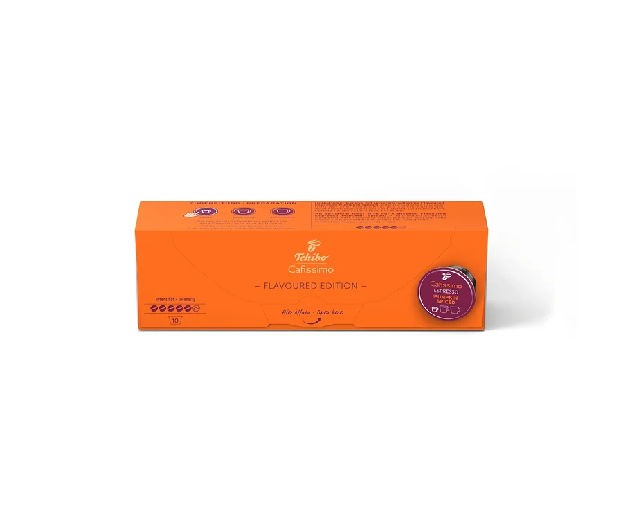 Narancssárga Cafissimo Flavoured Espresso Pumpkin Spiced csomag 10 kapszulával és 5/6-os intenzitással.