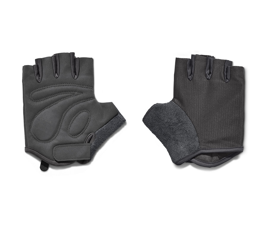 Két zselés kerékpáros kesztyű fekszik egymás mellett fehér háttéren.