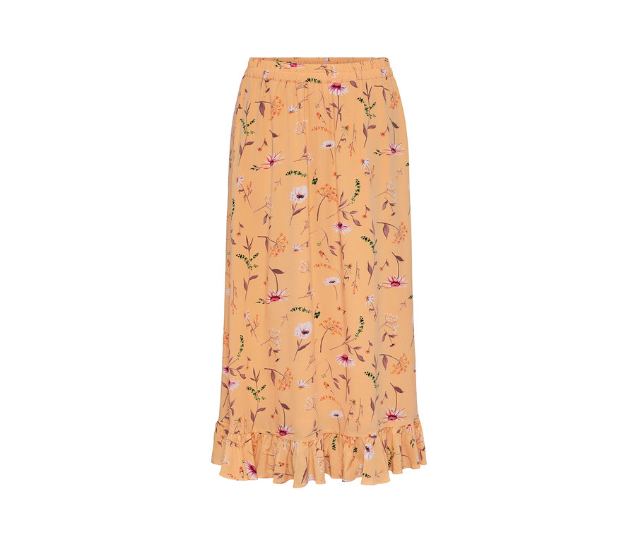 Barack színű, virágmintás szoknya.