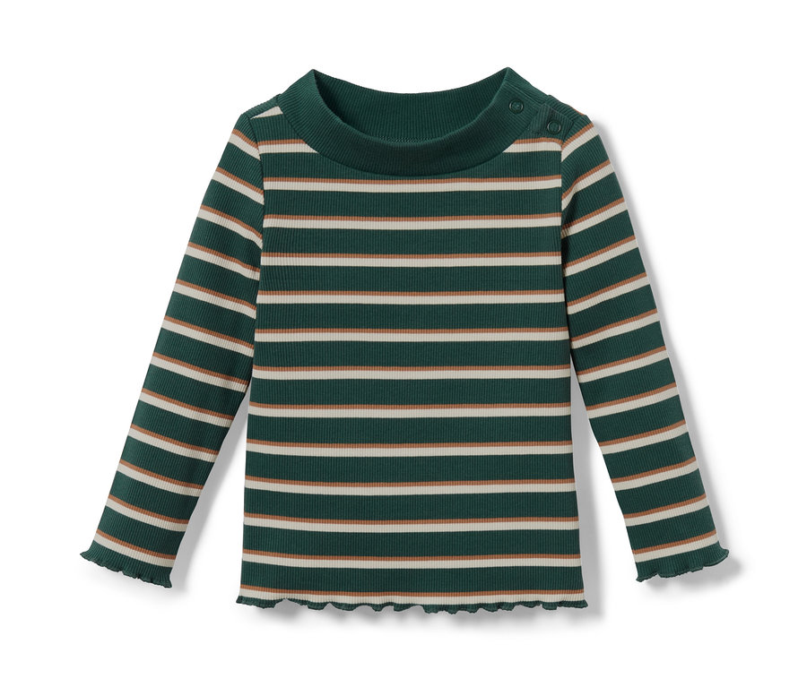 Zöld csíkos bordás hosszú ujjú felső.