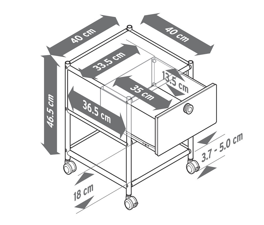 A görgős, 1 fiókkal ellátott fém éjjeliszekrény méretei.