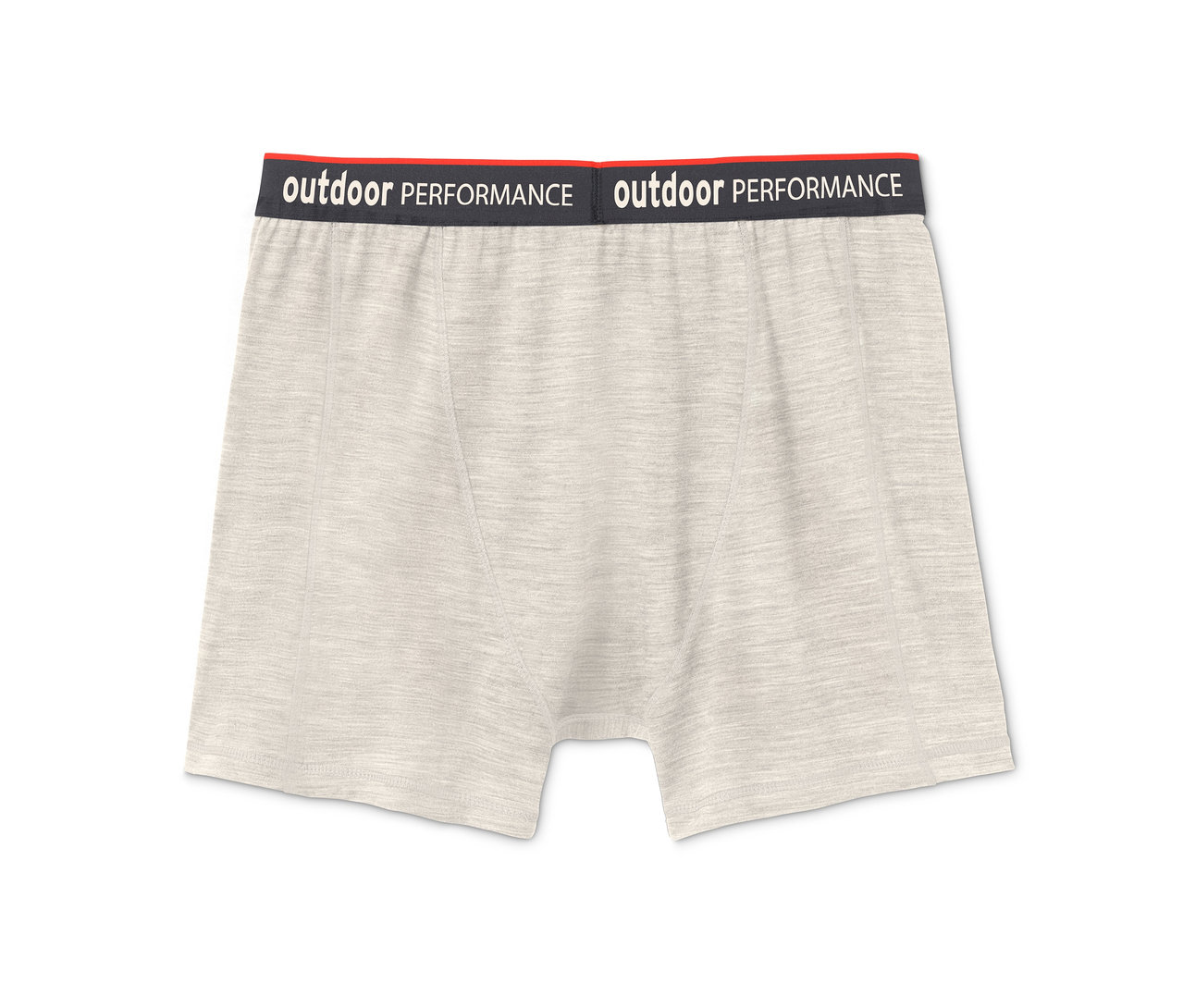Egy pár világos bézs színű boxer alsó fekete derékpánttal, rajta "outdoor performance" felirattal.