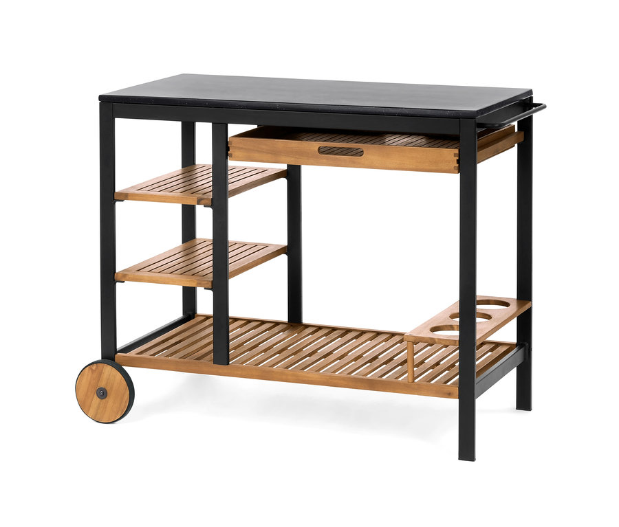 „Elin” fiókos és cementhatású munkafelületes grillkocsi, fa polcokkal és fekete vázzal.