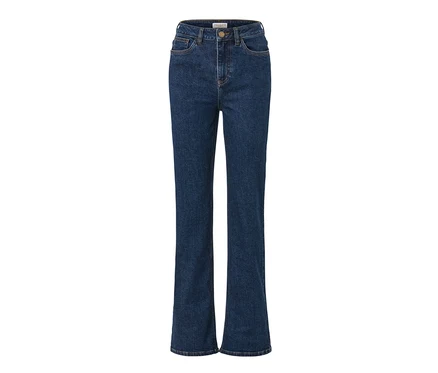 Sötétkék, Lou fazonú bootcut farmernadrág.