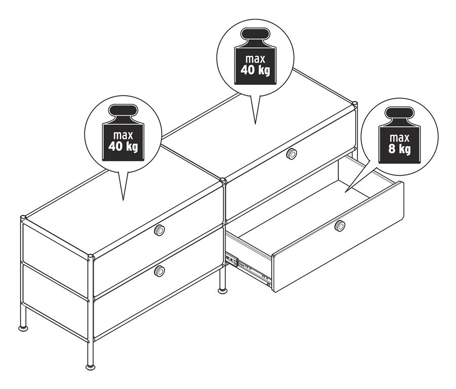 Egy »CN3« alacsony fém komód 4 fiókkal, egy fiók nyitva.