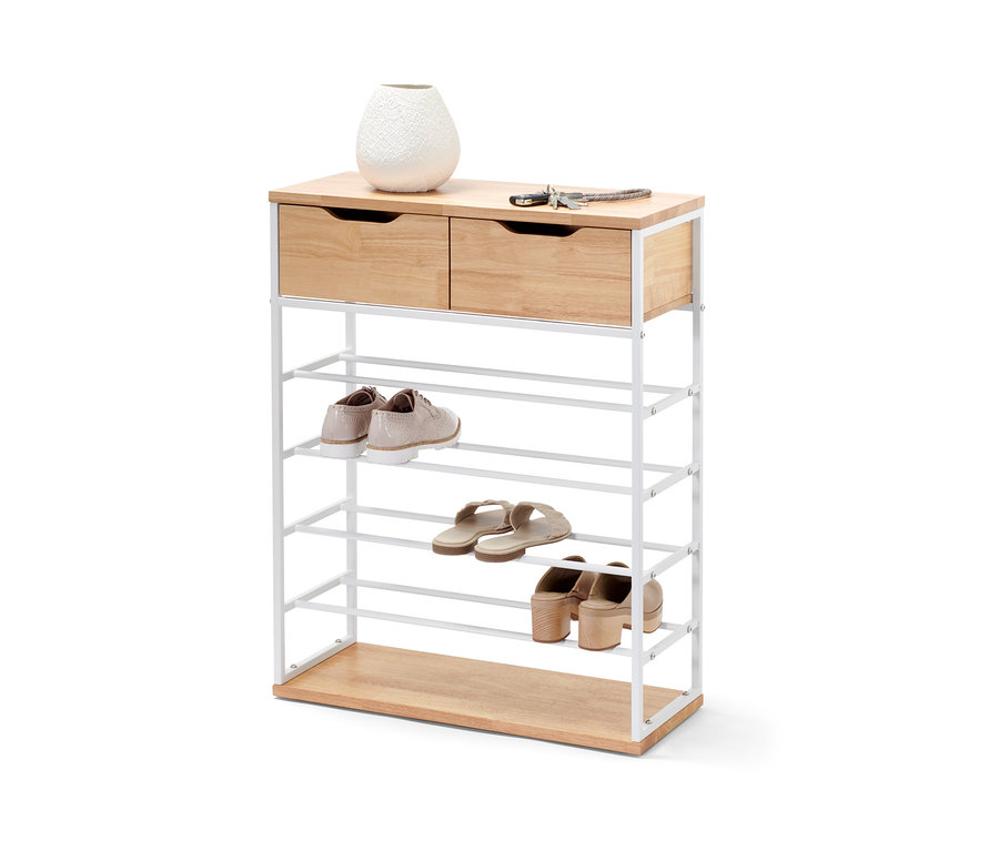 Cipőspolc, 2 fiókkal, kaucsuk/fehér, rajta váza és kulcsok, a polcokon három pár cipő.