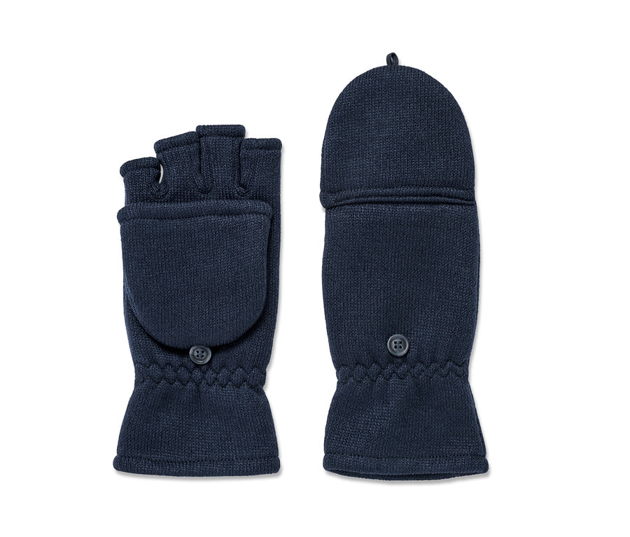 Két sötétkék gyerek kötött polár kesztyű visszahajtható ujjakkal, az egyik felhajtott tetővel.
