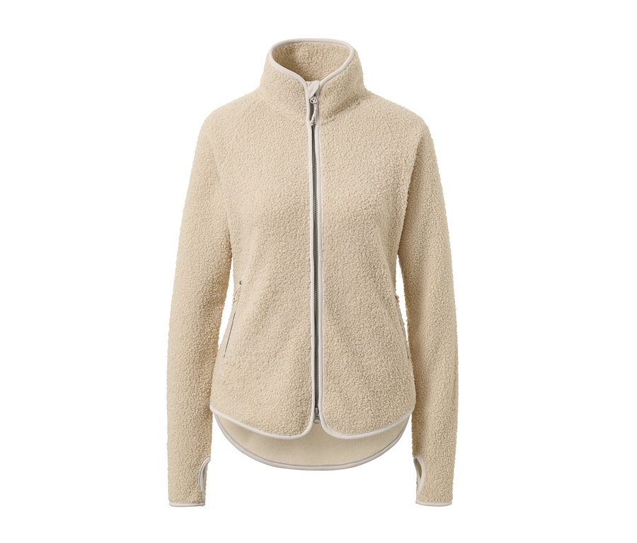 Törtfehér plüsskabát cipzárral, hosszú ujjal és hüvelykujj-lyukakkal.