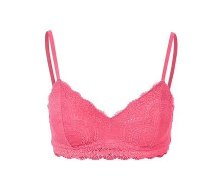 Közelkép egy rózsaszín, csipkés női bustier melltartóról.