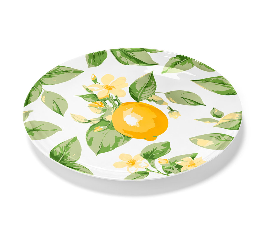 Citrom-, virág- és levélmintás kínálótálca.