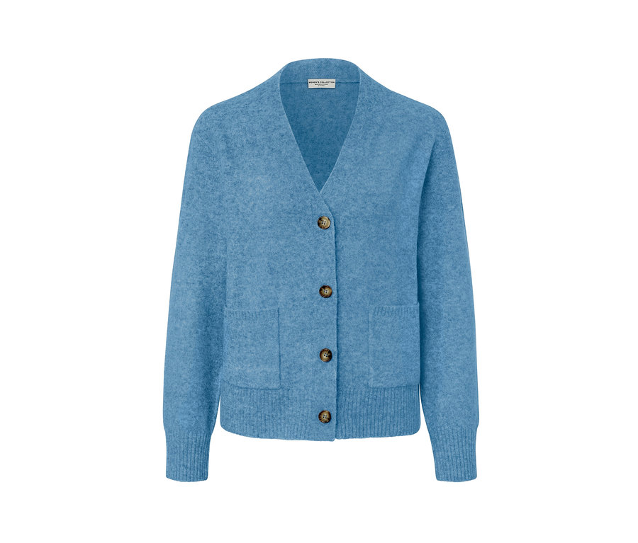 Világoskék kötött kardigán gyapjúval, barna gombokkal.