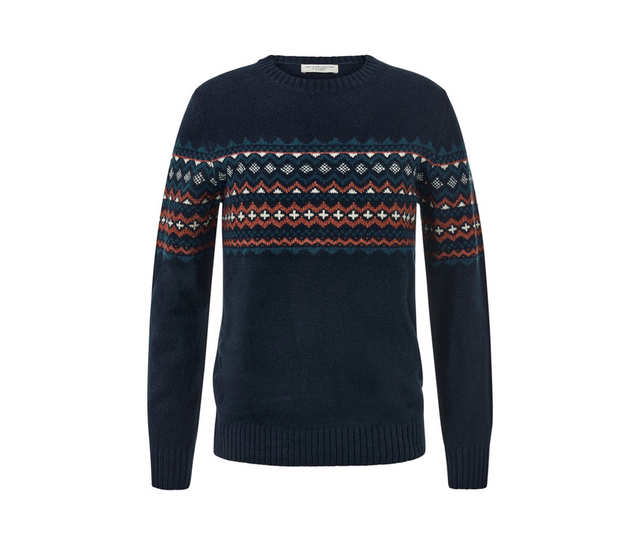 Sötétkék, kötött, norvég mintás férfi pulóver.