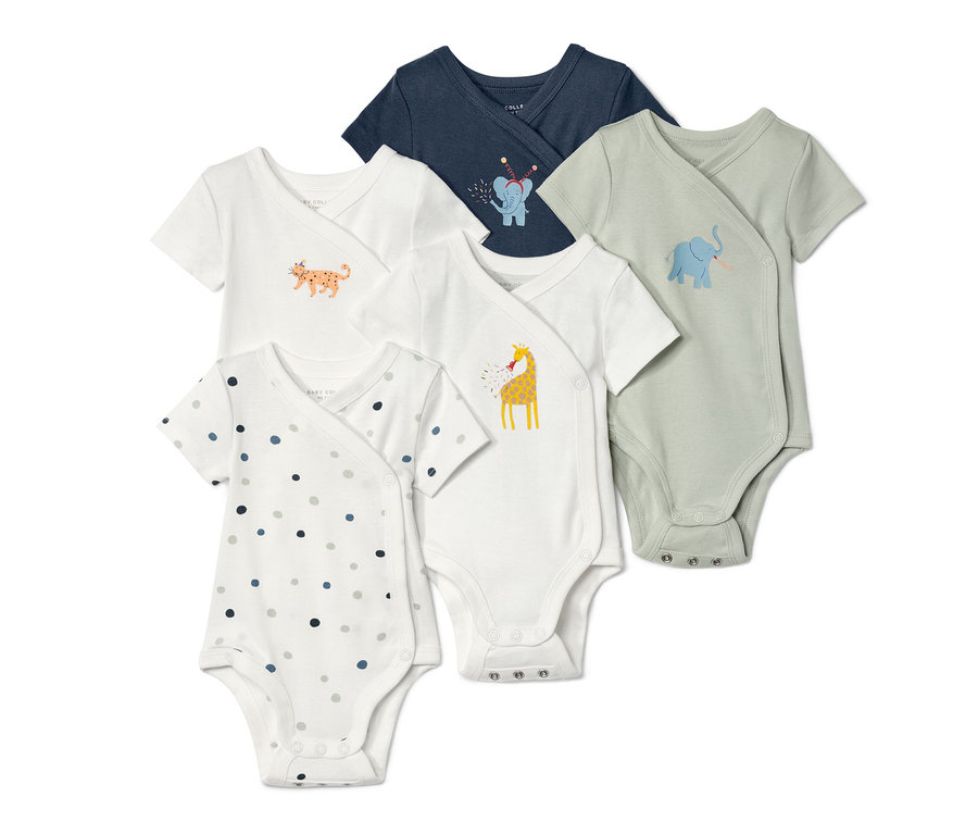 Öt rövid ujjú, állítható hosszúságú kisgyerek body fehér, kék és zöld színben, állatmintákkal.