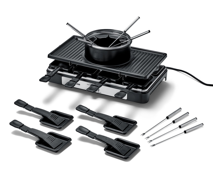 Fekete 2 az 1-ben raclette és fondü grill négy spatulával és négy fondüvillával.