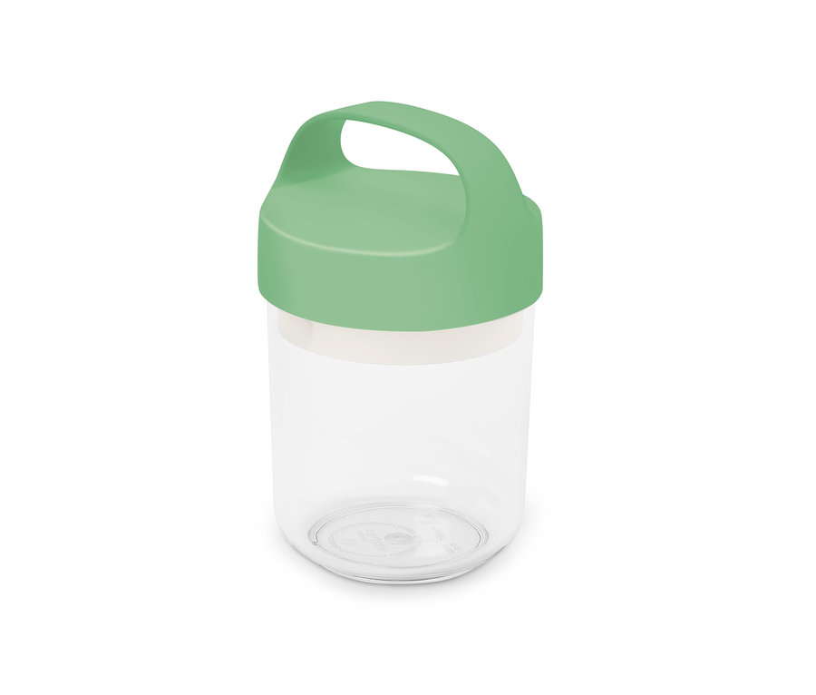 Egy áttetsző, kicsi To-Go ételhordó doboz világoszöld fedővel és fogantyúval.