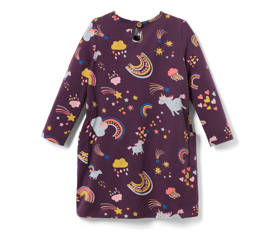 Lila kislány dzsörzéruha unikornis, szivárvány, csillag és felhő mintával.
