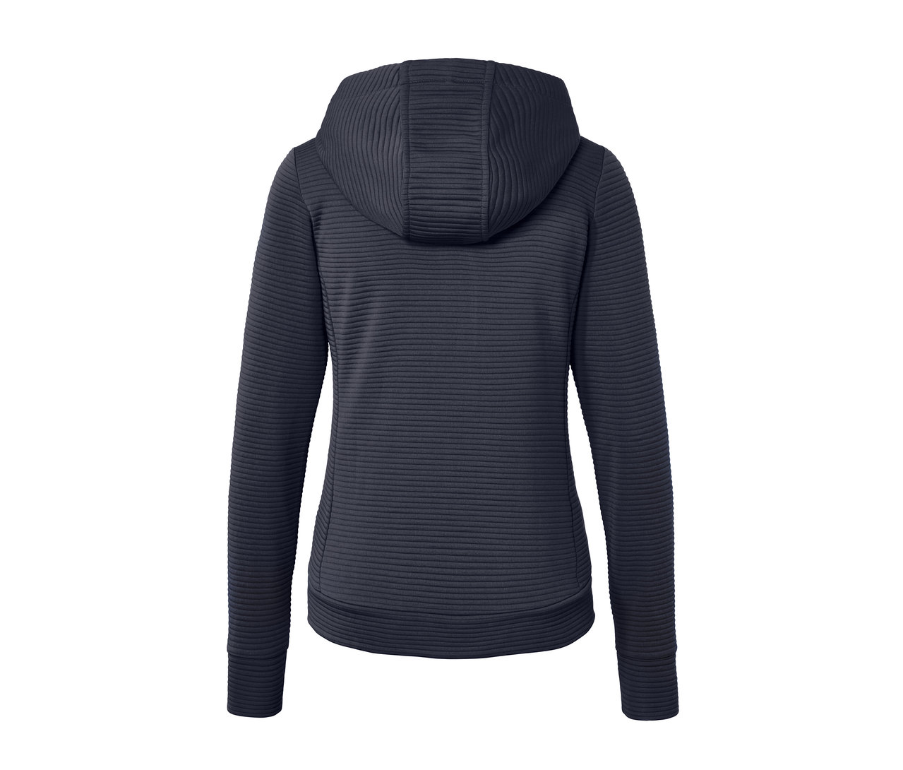 Egy kék, kapucnis női funkcionális felső hátsó részének részletfotója.