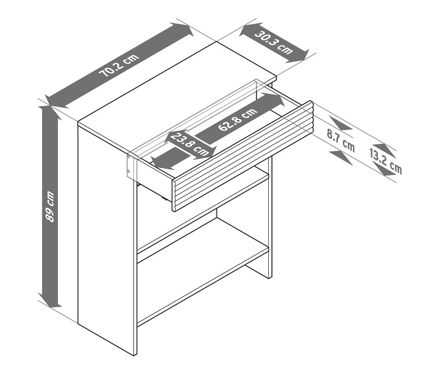Kép egy fehér/fa konzolasztalról, 1 fiókkal, méretekkel.