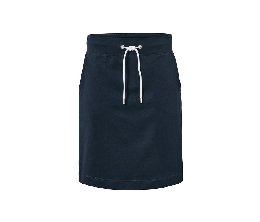 Sötétkék női lezser szoknya, fehér húzózsinórral.