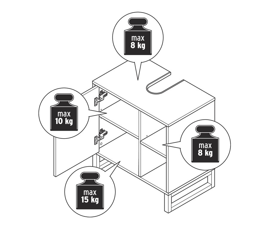 Egy mosdó alatti szekrény rajza ajtóval és oldalsó rekesszel, az egyik ajtó nyitva van, belül egy polc található.