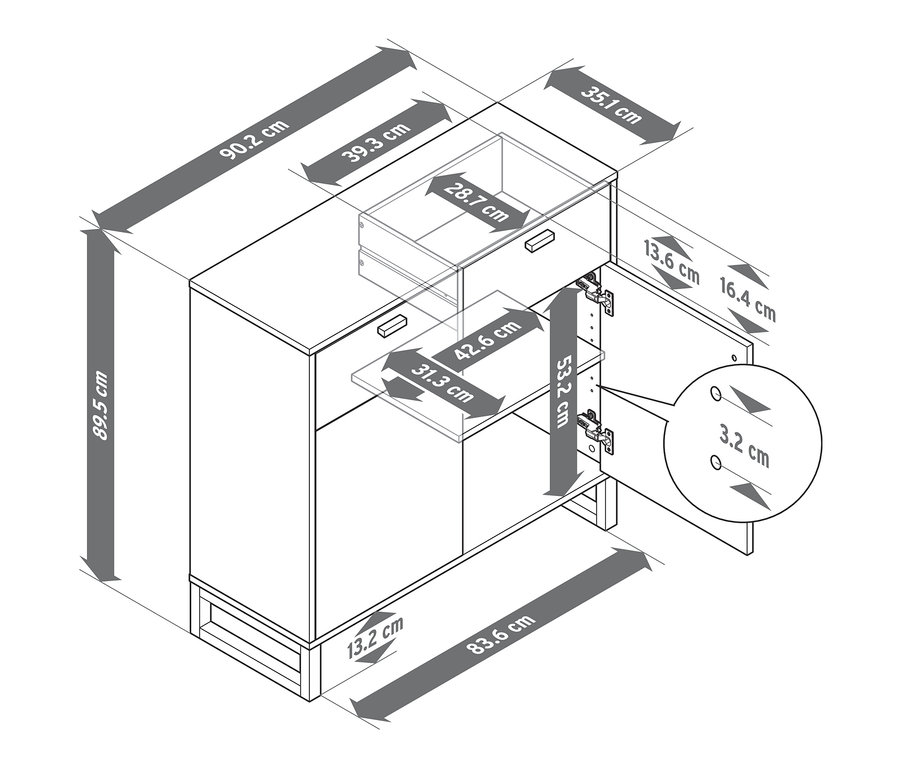 Egy fehér, 2 ajtós, 2 fiókos fürdőszobai komód látható a méretekkel.