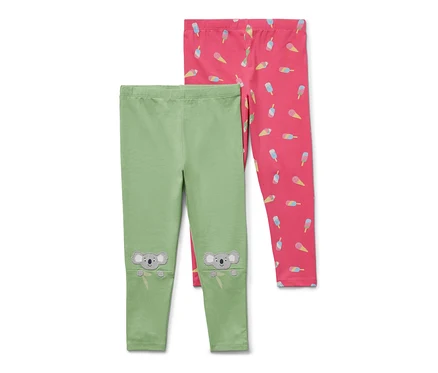 Két gyerek leggings: egy zöld koalákkal, a másik rózsaszín fagylaltokkal.