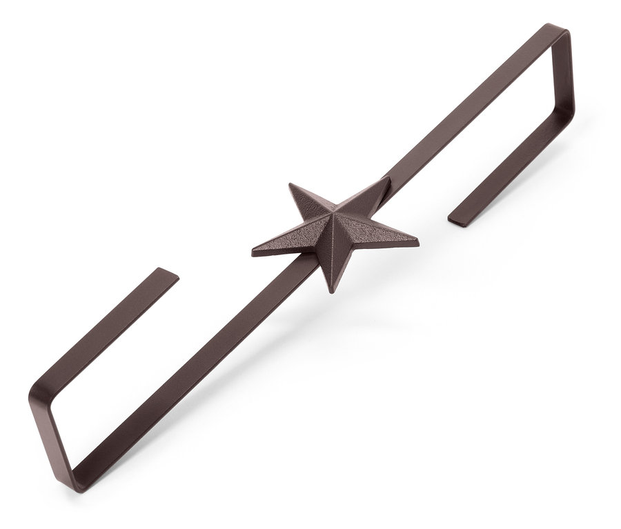 Barna fém tartó csillaggal a közepén, fehér háttérrel.