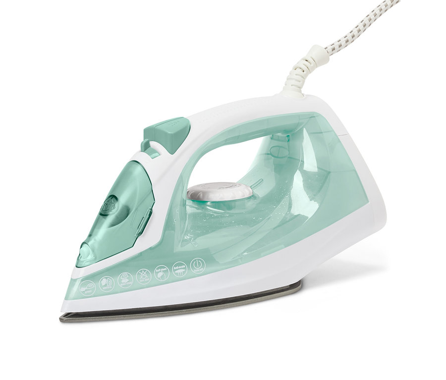 Egy fehér és világoszöld gőzölős vasaló.