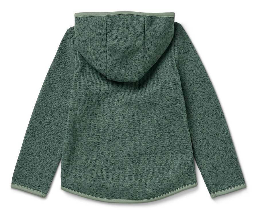 Egy zöld kapucnis pulóver hátulnézete.