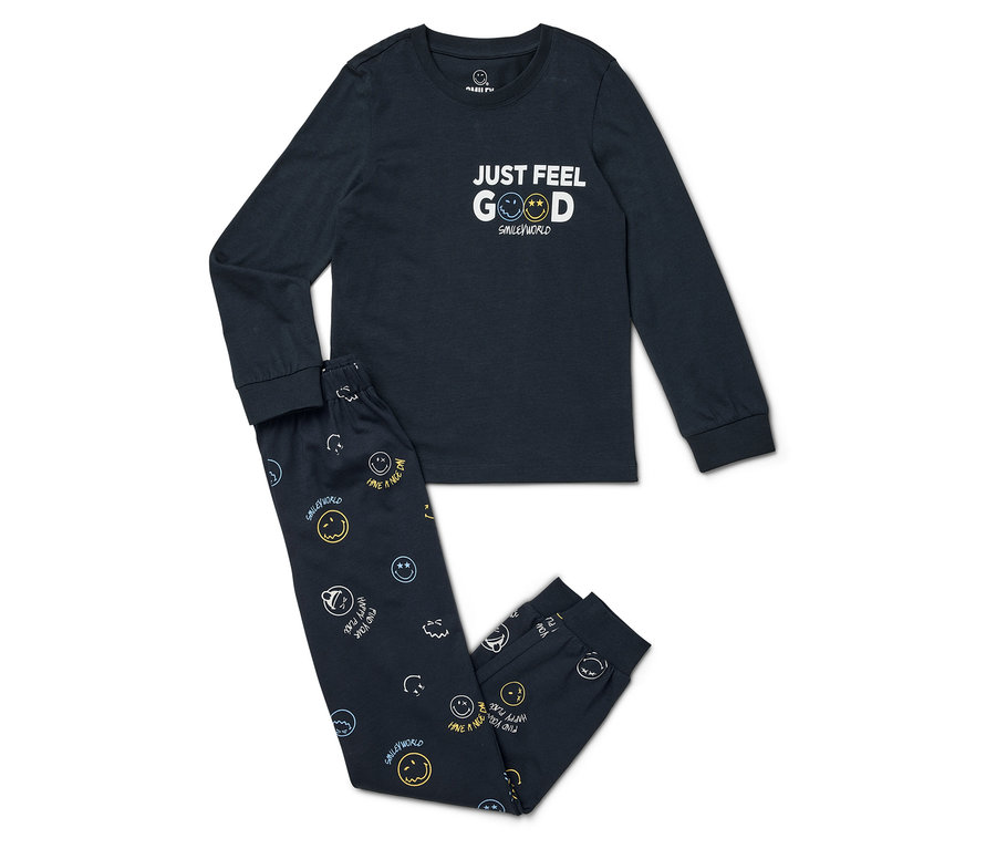 Sötétkék, hosszú ujjú pizsama mosolygós mintás nadrággal.